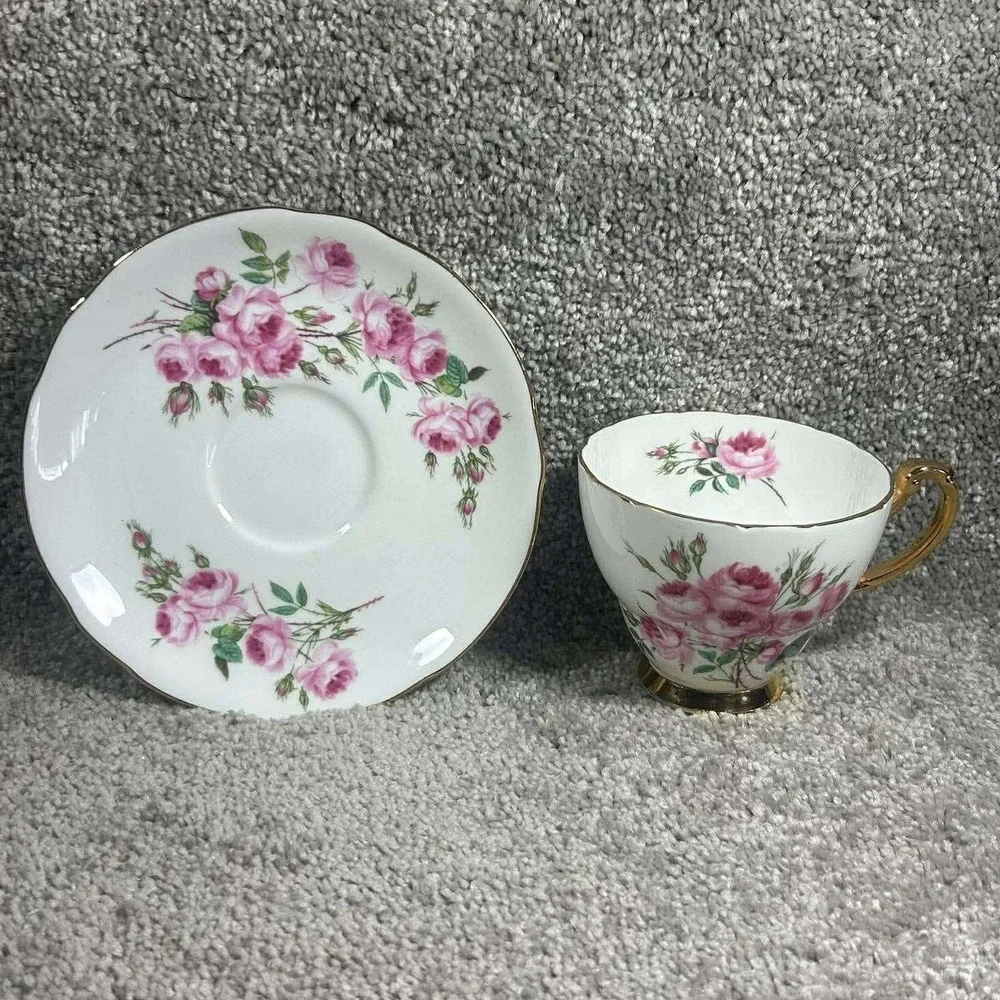 Hammersley & Co Teacup Saucer Pink Rose Gold Trim Bone China England‎ Set